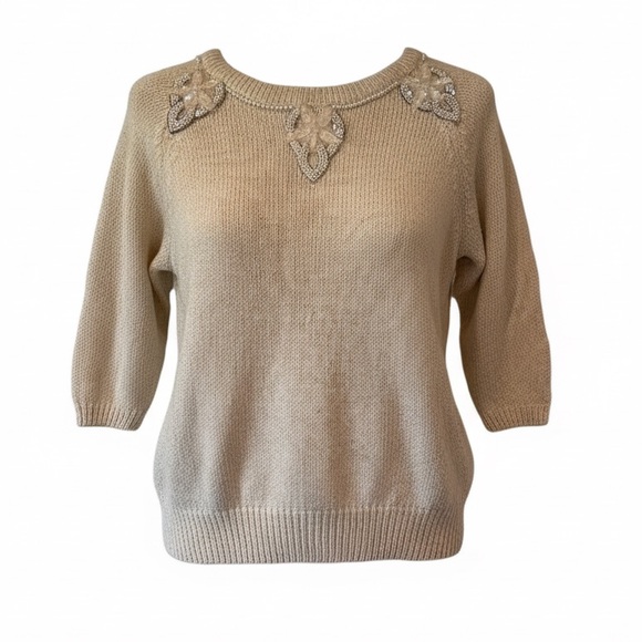 Vintage Sweaters - Vintage Extra Energy Beaded Collar Sequin Star Detail 3/4 Sleeve Sweater